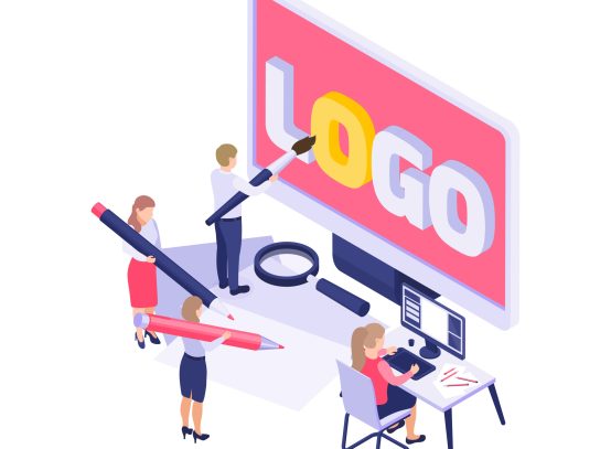 Branding concept icon with people drawing and painting logo 3d vector illustration